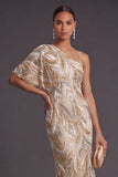 Champagne Floral Mermaid One Shoulder Sparkly Long Formal Dress