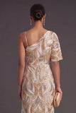 Champagne Floral Mermaid One Shoulder Sparkly Long Formal Dress