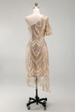 Champagne Floral Mermaid One Shoulder Sparkly Long Formal Dress