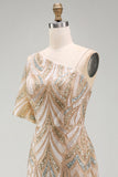 Champagne Floral Mermaid One Shoulder Sparkly Long Formal Dress