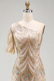 Champagne Floral Mermaid One Shoulder Sparkly Long Formal Dress