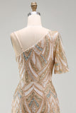 Champagne Floral Mermaid One Shoulder Sparkly Long Formal Dress