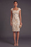 Champagne Sparkly Sheath Square Neck Midi Formal Dress