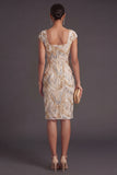 Champagne Sparkly Sheath Square Neck Midi Formal Dress