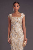 Champagne Sparkly Sheath Square Neck Midi Formal Dress
