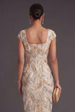 Champagne Sparkly Sheath Square Neck Midi Formal Dress