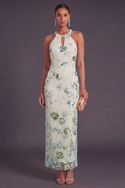 Sparkly Grey Blue Mermaid Floral Long Formal Dress
