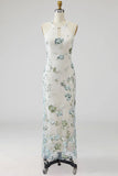 Sparkly Grey Blue Mermaid Floral Long Formal Dress