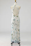 Sparkly Grey Blue Mermaid Floral Long Formal Dress