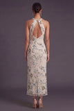 Sparkly Grey Blue Mermaid Floral Long Formal Dress