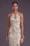 Sparkly Grey Blue Mermaid Floral Long Formal Dress