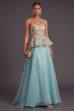 Lake Blue Floral A Line Ruffled Long Formal Dress