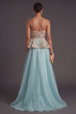 Lake Blue Floral A Line Ruffled Long Formal Dress