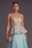 Lake Blue Floral A Line Ruffled Long Formal Dress