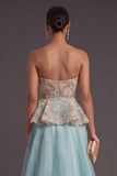 Lake Blue Floral A Line Ruffled Long Formal Dress