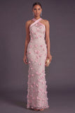 Mermaid Pink Floral Long Halter Neck Formal Dress