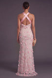 Mermaid Pink Floral Long Halter Neck Formal Dress
