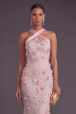 Mermaid Pink Floral Long Halter Neck Formal Dress
