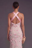 Mermaid Pink Floral Long Halter Neck Formal Dress