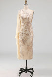 One Shoulder Floral Champagne Mermaid Long Formal Dress with Cape