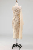 One Shoulder Floral Champagne Mermaid Long Formal Dress with Cape