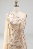 One Shoulder Floral Champagne Mermaid Long Formal Dress with Cape