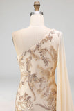 One Shoulder Floral Champagne Mermaid Long Formal Dress with Cape