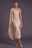 One Shoulder Floral Champagne Mermaid Long Formal Dress with Cape