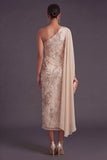 One Shoulder Floral Champagne Mermaid Long Formal Dress with Cape