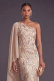 One Shoulder Floral Champagne Mermaid Long Formal Dress with Cape