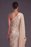 One Shoulder Floral Champagne Mermaid Long Formal Dress with Cape