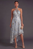 A Line Floral Sparkly Grey Blue High Low Formal Dress