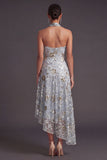 A Line Floral Sparkly Grey Blue High Low Formal Dress