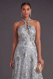A Line Floral Sparkly Grey Blue High Low Formal Dress