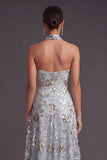 A Line Floral Sparkly Grey Blue High Low Formal Dress