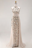 Mermaid Champagne Pleated Floral Long Apricot Formal Dress
