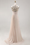 Mermaid Champagne Pleated Floral Long Apricot Formal Dress
