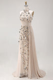 Mermaid Champagne Pleated Floral Long Apricot Formal Dress