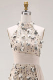 Mermaid Champagne Pleated Floral Long Apricot Formal Dress