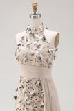 Mermaid Champagne Pleated Floral Long Apricot Formal Dress