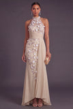 Mermaid Champagne Pleated Floral Long Apricot Formal Dress