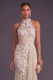 Mermaid Champagne Pleated Floral Long Apricot Formal Dress