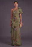 Ruffled Olive Floral Mermaid One Shoulder Long Formal Dress
