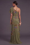 Ruffled Olive Floral Mermaid One Shoulder Long Formal Dress