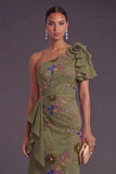 Ruffled Olive Floral Mermaid One Shoulder Long Formal Dress
