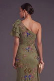 Ruffled Olive Floral Mermaid One Shoulder Long Formal Dress