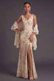 Champagne Floral Mermaid V Neck Long Formal Dress with Slit