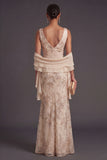 Champagne Floral Mermaid V Neck Long Formal Dress with Slit