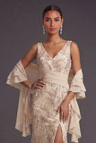 Champagne Floral Mermaid V Neck Long Formal Dress with Slit