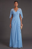 Sky Blue A Line Lace V Neck Ruched Long Formal Dress with Cape